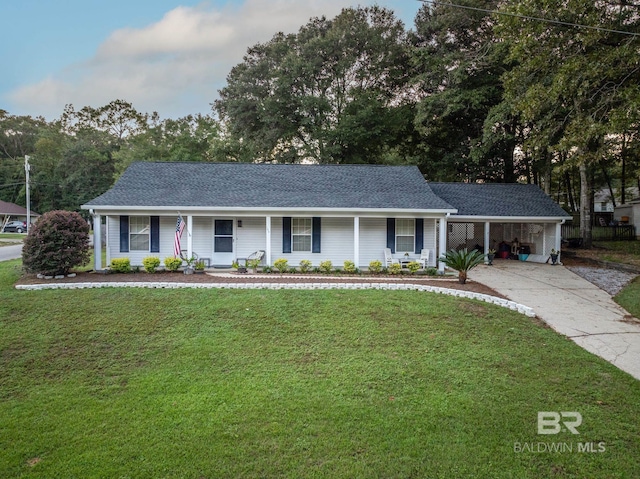 single story home with a front yard and covered porch