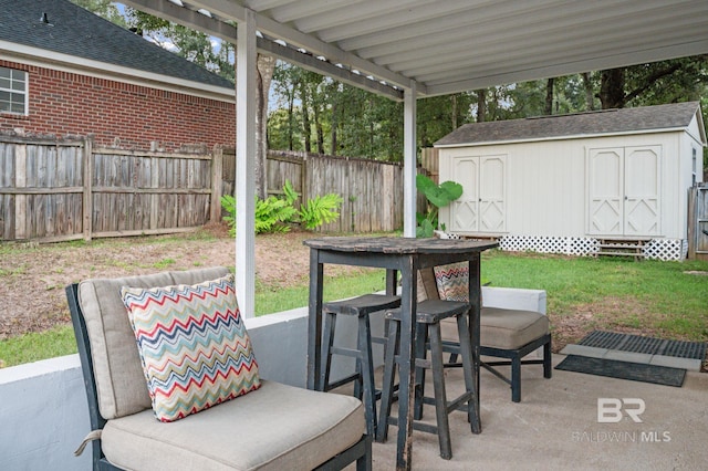 view of patio / terrace with a shed