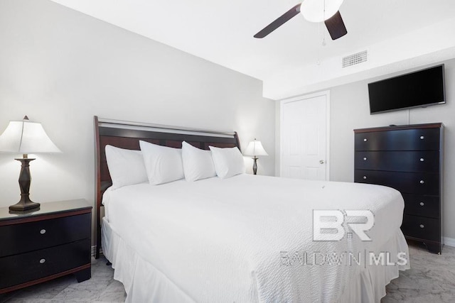 561 E Beach Blvd Unit 208, Gulf Shores, AL 36542 - bedroom with visible vents, a ceiling fan, and marble finish floor