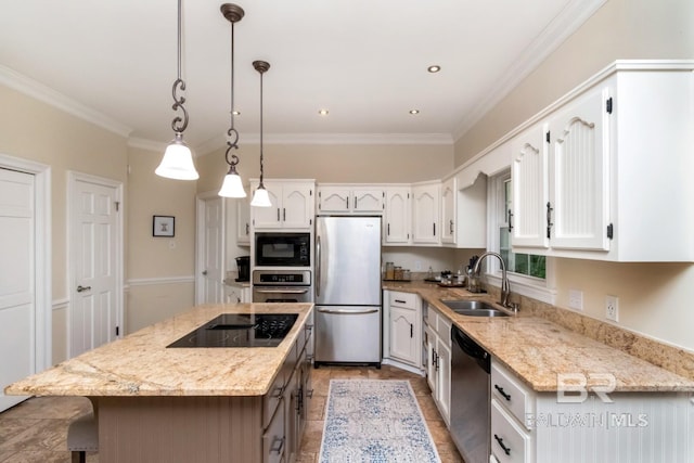 1509 Ridgeland Rd, Mobile, AL 36695 - kitchen featuring black appliances, crown molding, a kitchen island, white cabinets, and light stone countertops
