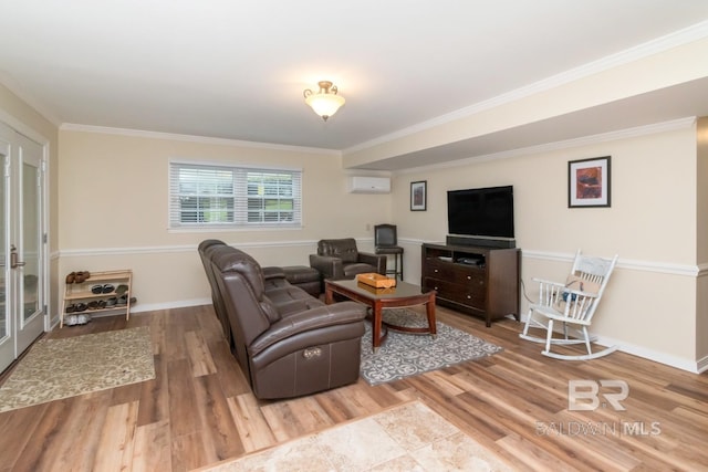 1509 Ridgeland Rd, Mobile, AL 36695 - living area featuring a wall mounted air conditioner, ornamental molding, and wood finished floors