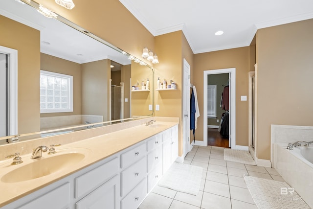 bathroom with vanity, plus walk in shower, tile patterned flooring, and ornamental molding