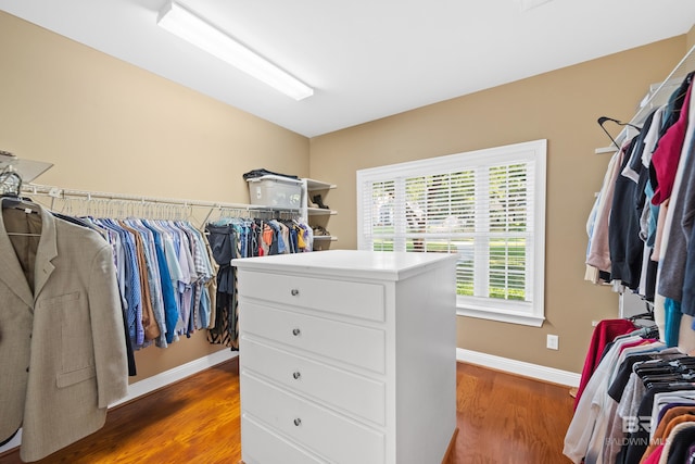 spacious closet with dark hardwood / wood-style flooring