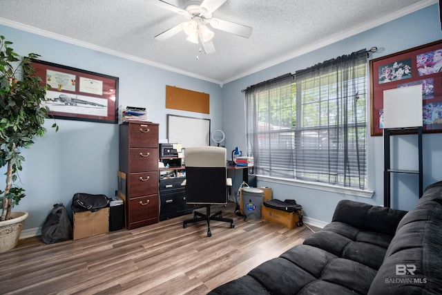 2856 W Saddlebrook Dr, Mobile, AL 36695 - home office featuring wood finished floors, ornamental molding, baseboards, a textured ceiling, and ceiling fan