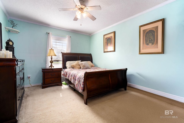 2856 W Saddlebrook Dr, Mobile, AL 36695 - bedroom featuring ornamental molding, baseboards, a textured ceiling, light colored carpet, and ceiling fan