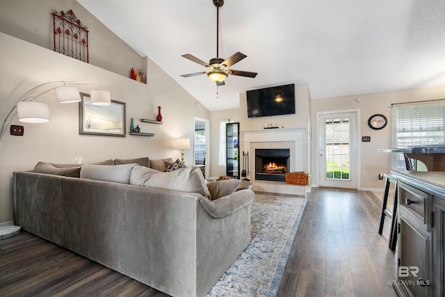 2856 W Saddlebrook Dr, Mobile, AL 36695 - living room featuring high vaulted ceiling, a ceiling fan, a tiled fireplace, baseboards, and dark wood-type flooring
