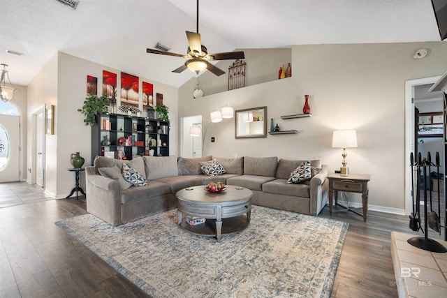 2856 W Saddlebrook Dr, Mobile, AL 36695 - living room with high vaulted ceiling, baseboards, a ceiling fan, and wood finished floors