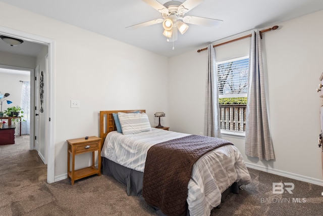 bedroom featuring ceiling fan, baseboards, and carpet floors