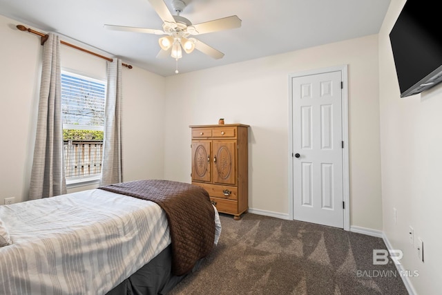 bedroom with baseboards, carpet floors, and ceiling fan