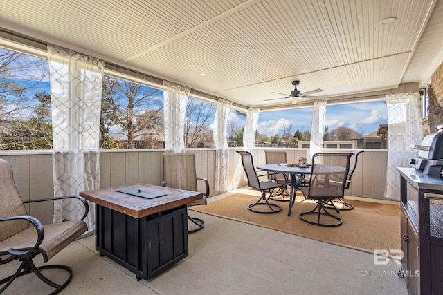 sunroom / solarium featuring plenty of natural light, wooden ceiling, and ceiling fan