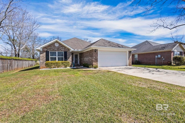 ranch-style home featuring brick siding, a front lawn, fence, concrete driveway, and a garage