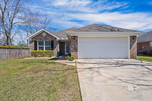 single story home with brick siding, a front yard, fence, and a garage