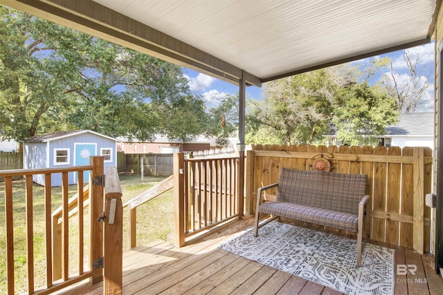 deck featuring a storage shed