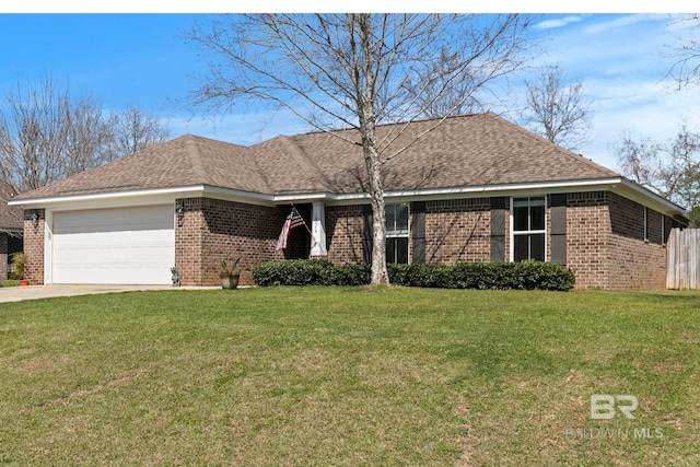 ranch-style house featuring a front lawn, a garage, brick siding, and a shingled roof