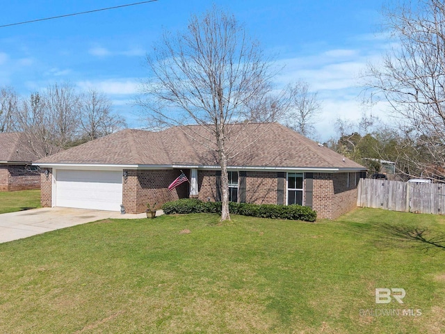 ranch-style home featuring a front yard, fence, an attached garage, concrete driveway, and brick siding