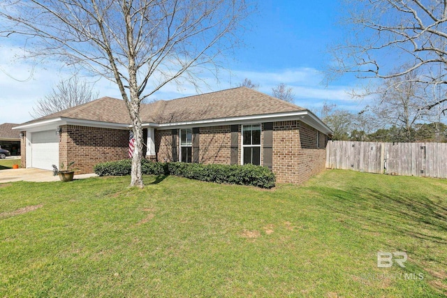 ranch-style house with a front yard, an attached garage, fence, and brick siding