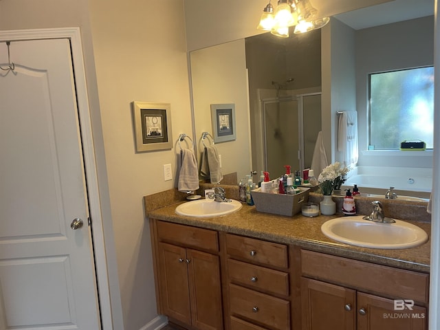 bathroom with vanity and plus walk in shower