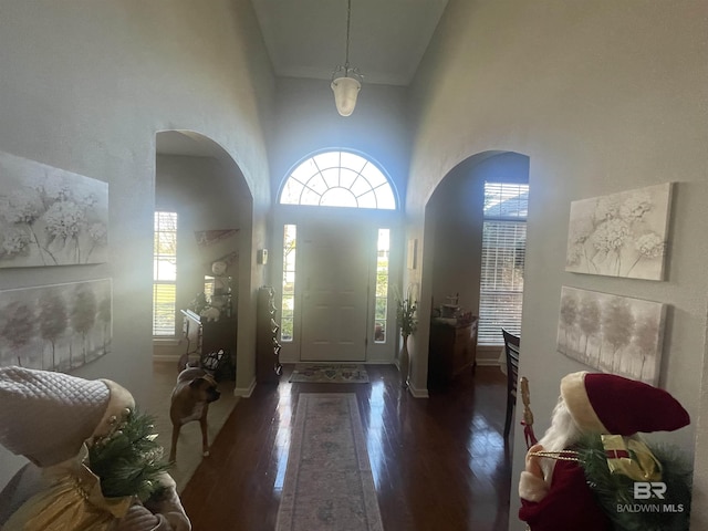 foyer entrance with dark wood-type flooring and high vaulted ceiling