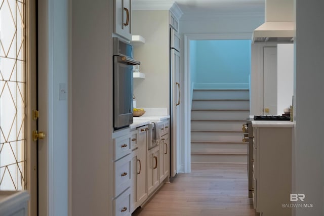 hallway featuring light hardwood / wood-style floors and ornamental molding