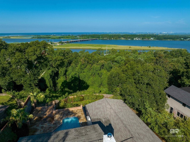 aerial view featuring a water view