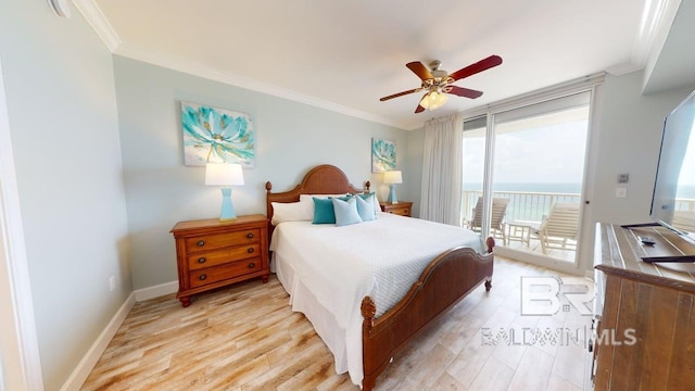 375 Beach Club Trl Unit A-1608, Gulf Shores, AL 36542 - bedroom featuring access to outside, crown molding, light wood-type flooring, baseboards, and a ceiling fan