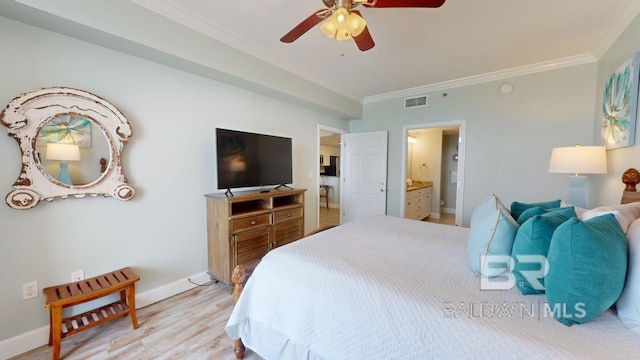 375 Beach Club Trl Unit A-1608, Gulf Shores, AL 36542 - bedroom featuring ornamental molding, baseboards, light wood-type flooring, ensuite bathroom, and ceiling fan