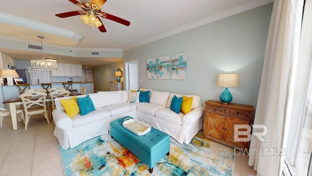 375 Beach Club Trl Unit A-1608, Gulf Shores, AL 36542 - living area with ornamental molding, ceiling fan, light tile patterned floors, and a chandelier