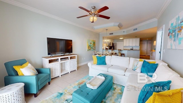 375 Beach Club Trl Unit A-1608, Gulf Shores, AL 36542 - living room featuring crown molding, light tile patterned floors, a ceiling fan, and baseboards