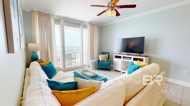 375 Beach Club Trl Unit A-1608, Gulf Shores, AL 36542 - tiled living room featuring a ceiling fan, crown molding, and baseboards