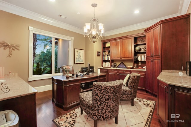 office with an inviting chandelier, light hardwood / wood-style flooring, and ornamental molding