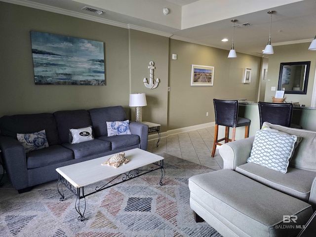tiled living room featuring crown molding