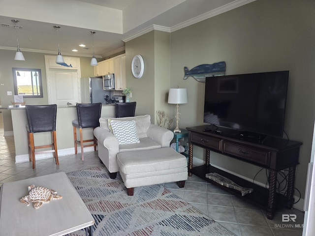 living room featuring ornamental molding and tile patterned floors
