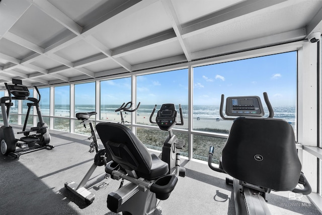 521 W Beach Blvd Unit 2102, Gulf Shores, AL 36542 - gym with a water view, expansive windows, beam ceiling, and coffered ceiling