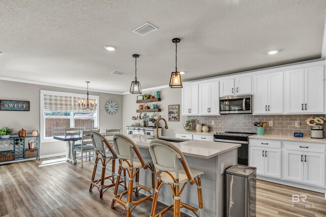 22310 Early Dawn Cir, Foley, AL 36535 - kitchen featuring ornamental molding, light wood-type flooring, light countertops, a sink, and appliances with stainless steel finishes