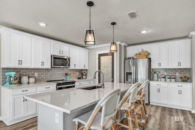 22310 Early Dawn Cir, Foley, AL 36535 - kitchen with appliances with stainless steel finishes, a sink, decorative backsplash, light wood-type flooring, and visible vents