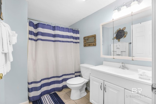 full bathroom with toilet, curtained shower, tile patterned flooring, and vanity