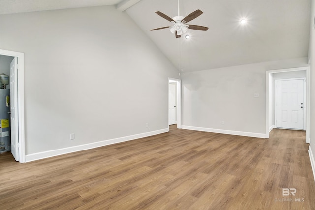 empty room with a ceiling fan, high vaulted ceiling, beamed ceiling, water heater, and wood finished floors