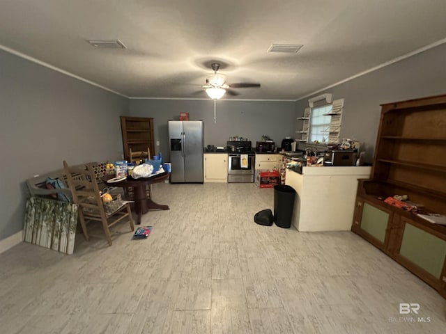 interior space featuring ceiling fan, crown molding, and light wood-type flooring