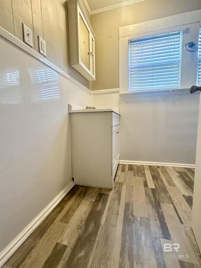 bathroom featuring wood-type flooring and crown molding