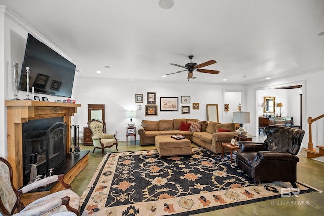 living room with ceiling fan and concrete floors