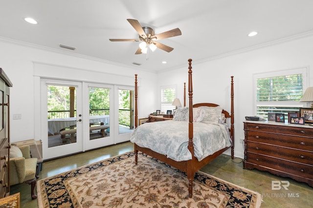 bedroom featuring access to exterior, ceiling fan, french doors, and ornamental molding