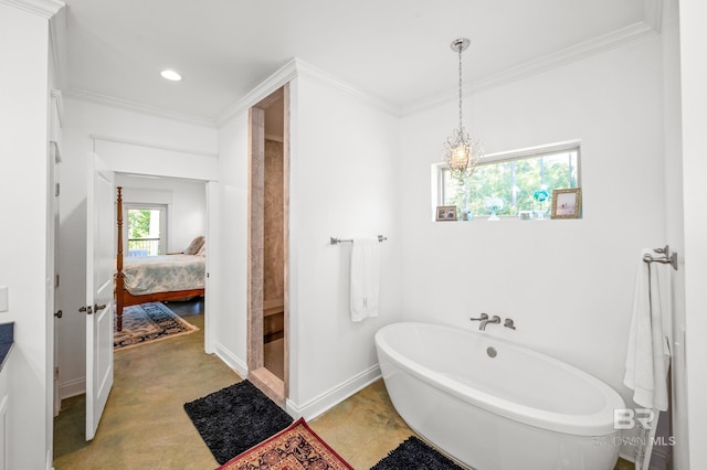 bathroom featuring shower with separate bathtub and crown molding