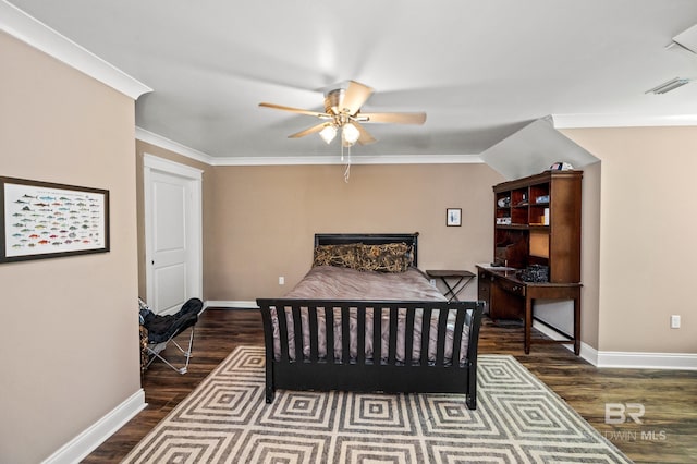 bedroom with ceiling fan, ornamental molding, and dark hardwood / wood-style flooring