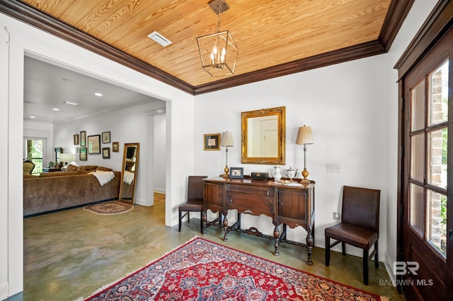 living area featuring wood ceiling, crown molding, concrete flooring, and a notable chandelier