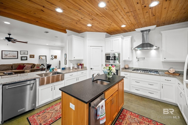 kitchen with white cabinets, wood ceiling, and appliances with stainless steel finishes