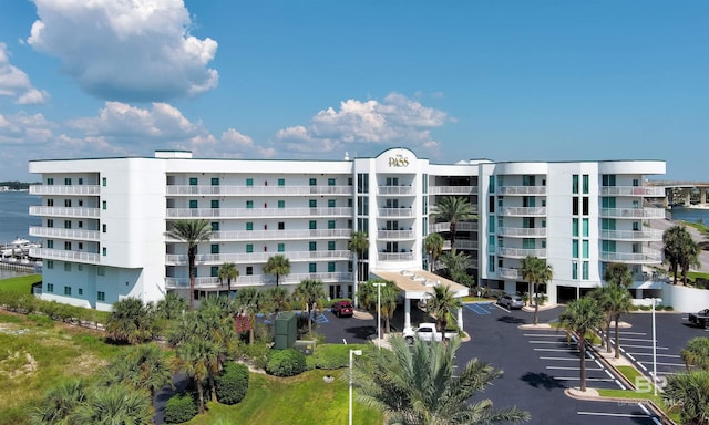 view of building exterior with a water view