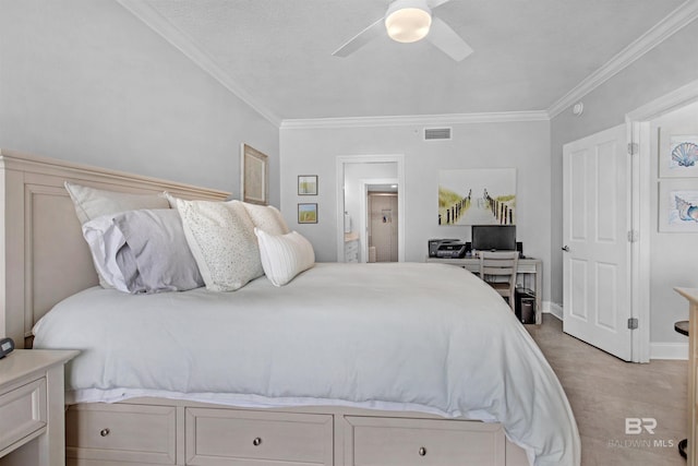 bedroom featuring ceiling fan, a textured ceiling, and crown molding