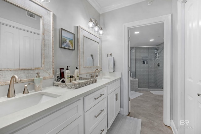 bathroom featuring ornamental molding, walk in shower, and vanity