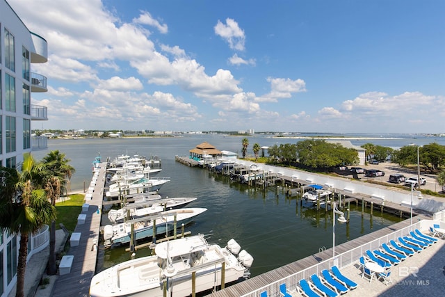 view of water feature with a boat dock