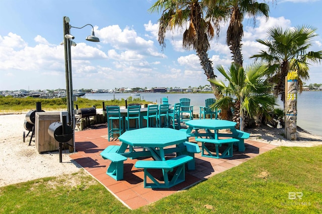 view of patio with a water view